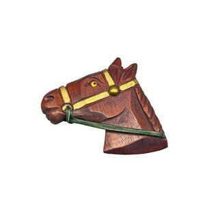Vintage Wooden Horse Head Brooch Pin Hand Carved Collectible Animal Jewelry